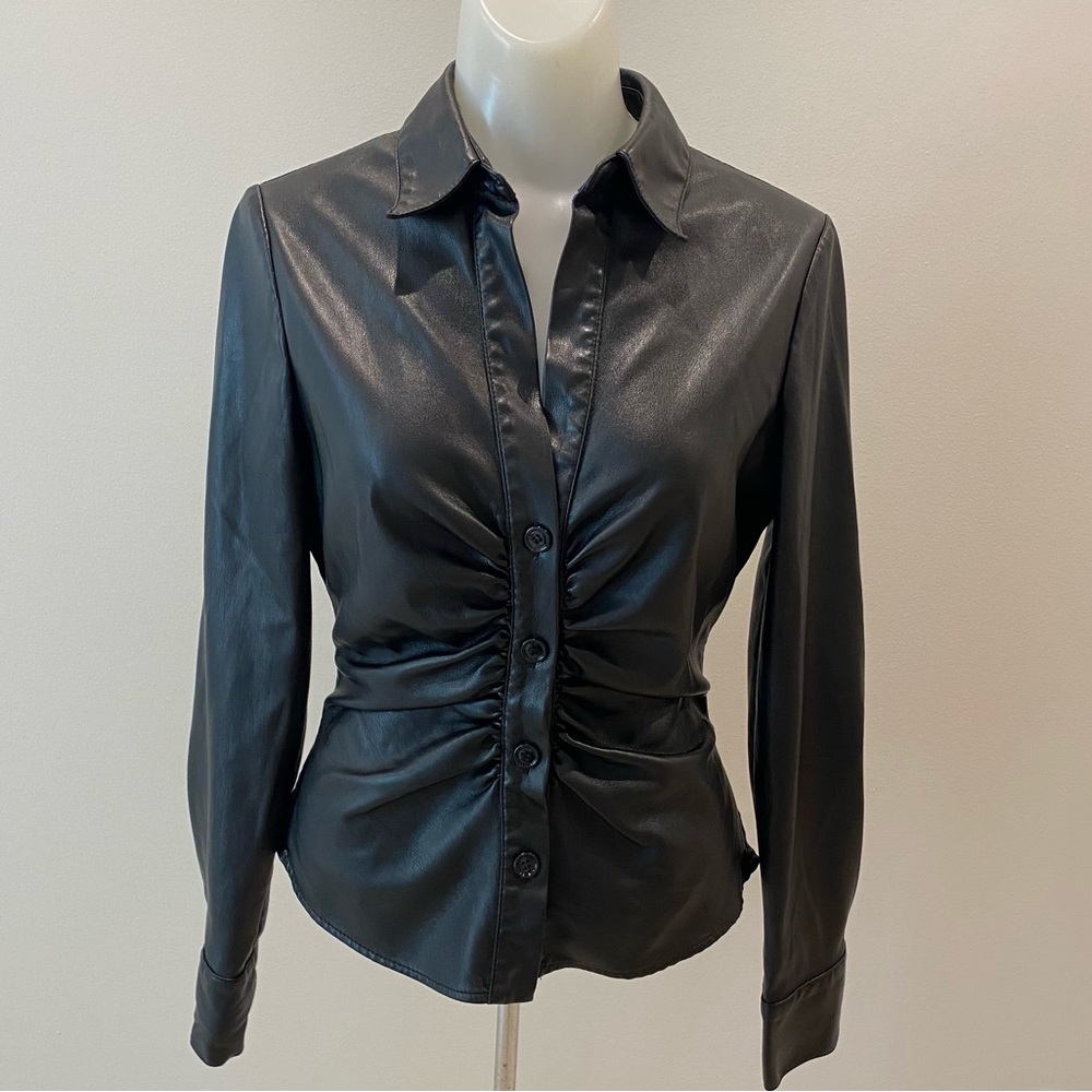 Zara NWOT Black Faux Leather Ruched Button-Front Women's Top size small